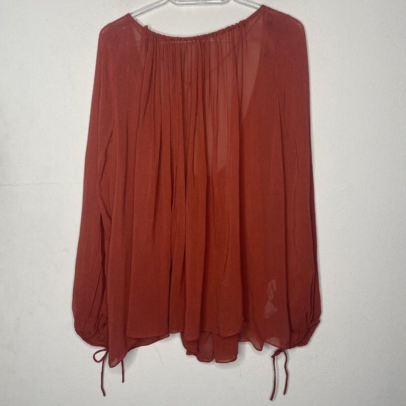 ZARA Blouse Women S Rust Low Back Flowy Back Tie Front Pleats Tie Cuffs Neckline - Picture 1 of 12